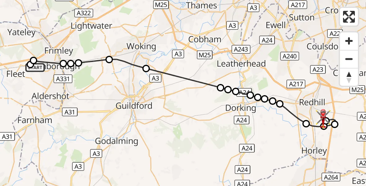 Flight route Air Ambulance Helicopter Rushmoor - Redhill Aerodrome, 13 October 2026, 20:06