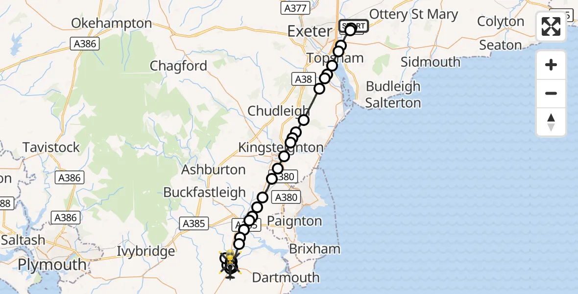 Flight route Police Helicopter Exeter International Airport - Halwell, 13 October 2026, 20:17