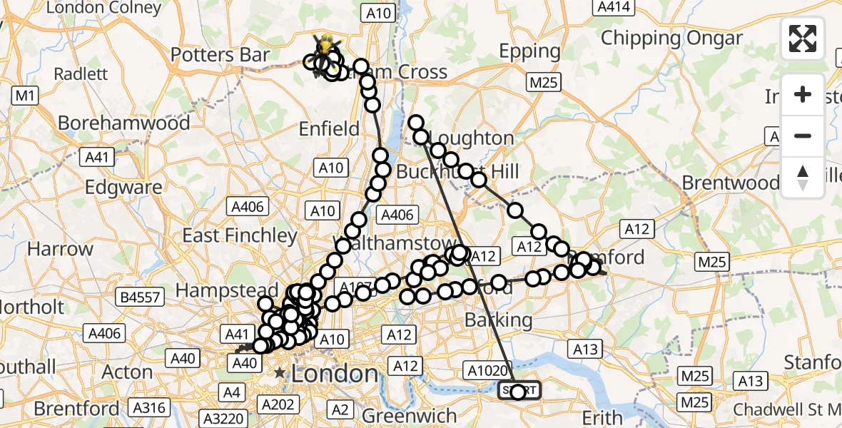 Flight route Police Helicopter Abbey Wood - Dysons Osiers Airstrip, 13 October 2026, 20:20
