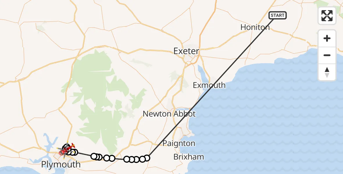 Flight route Air Ambulance Helicopter Stockland - Estover, 13 October 2026, 20:42