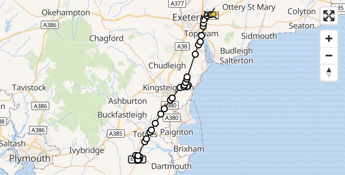 Flight route Police Helicopter Halwell - West Clyst, 13 October 2026, 20:54