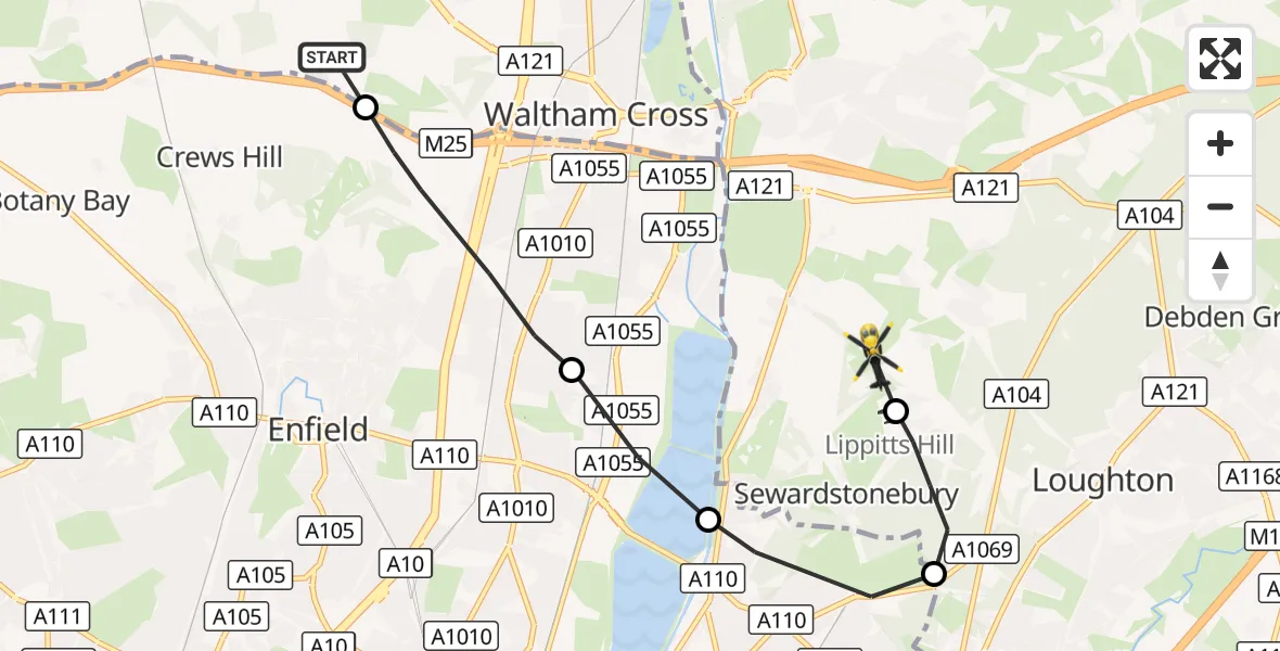 Flight route Police Helicopter Cheshunt - Sewardstonebury, 13 October 2026, 21:44