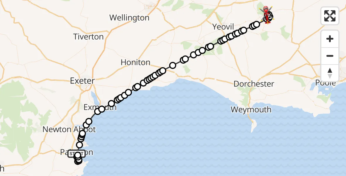 Flight route Air Ambulance Helicopter Paignton - Henstridge Airfield, 13 October 2026, 21:51