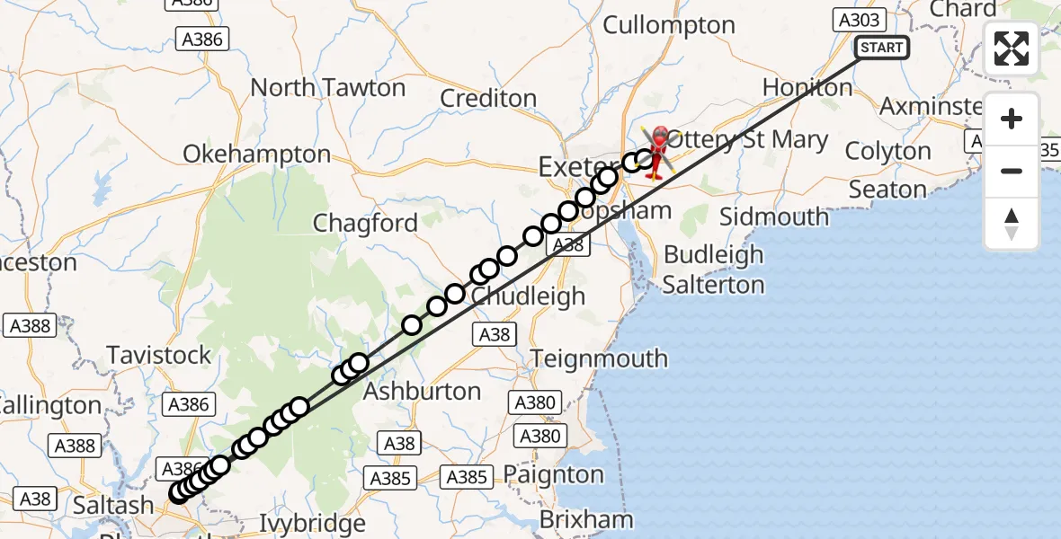 Flight route Air Ambulance Helicopter Stockland - Exeter International Airport, 13 October 2026, 22:12