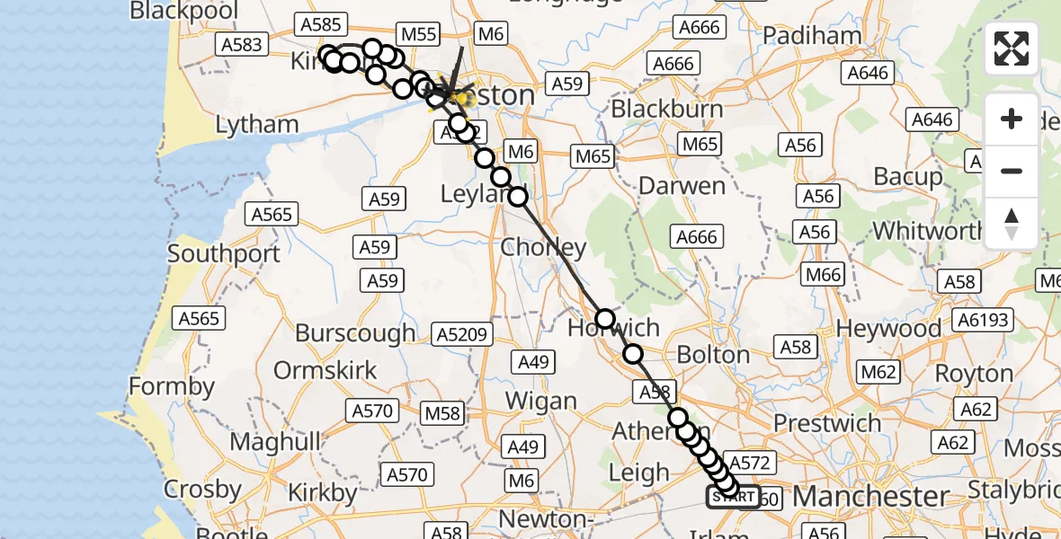 Flight route Police Helicopter Irlam - Preston, 13 October 2026, 22:24