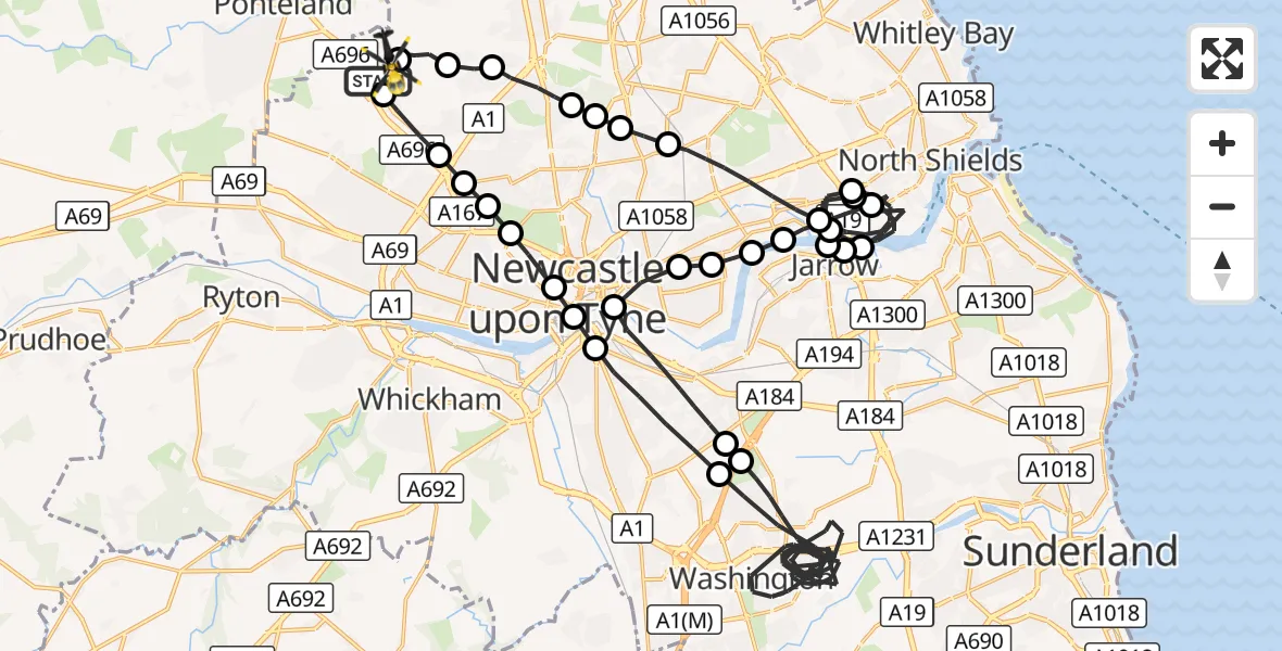 Flight route Police Helicopter Newcastle International Airport - Newcastle International Airport, 13 October 2026, 22:37