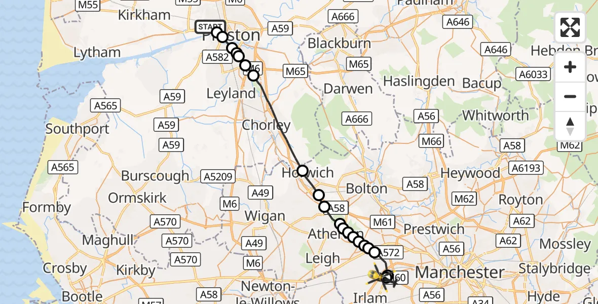Flight route Police Helicopter Preston - Manchester Barton Aerodrome, 13 October 2026, 23:02