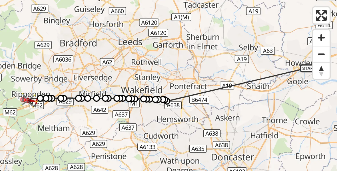 Flight route Air Ambulance Helicopter Balkholme - Ripponden, 13 October 2026, 23:03