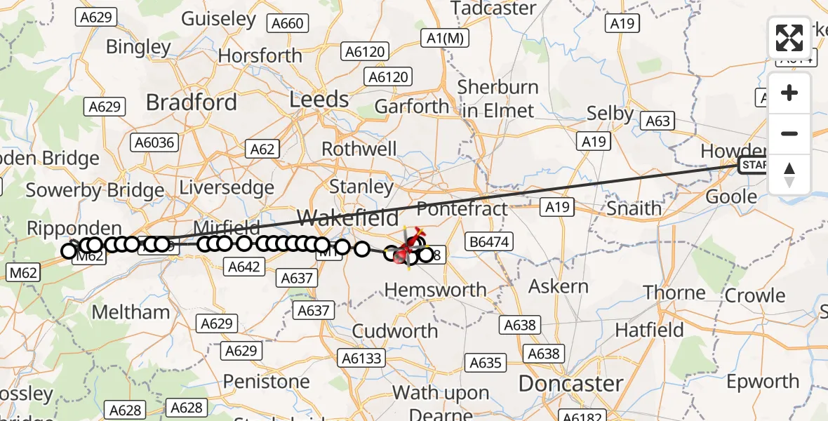 Flight route Air Ambulance Helicopter Balkholme - YAA Nostell Helicopter Port, 13 October 2026, 23:21