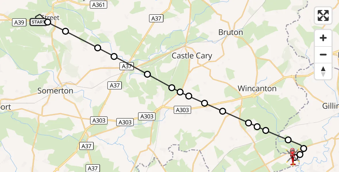 Flight route Air Ambulance Helicopter Walton - Henstridge Airfield, 13 October 2026, 23:47