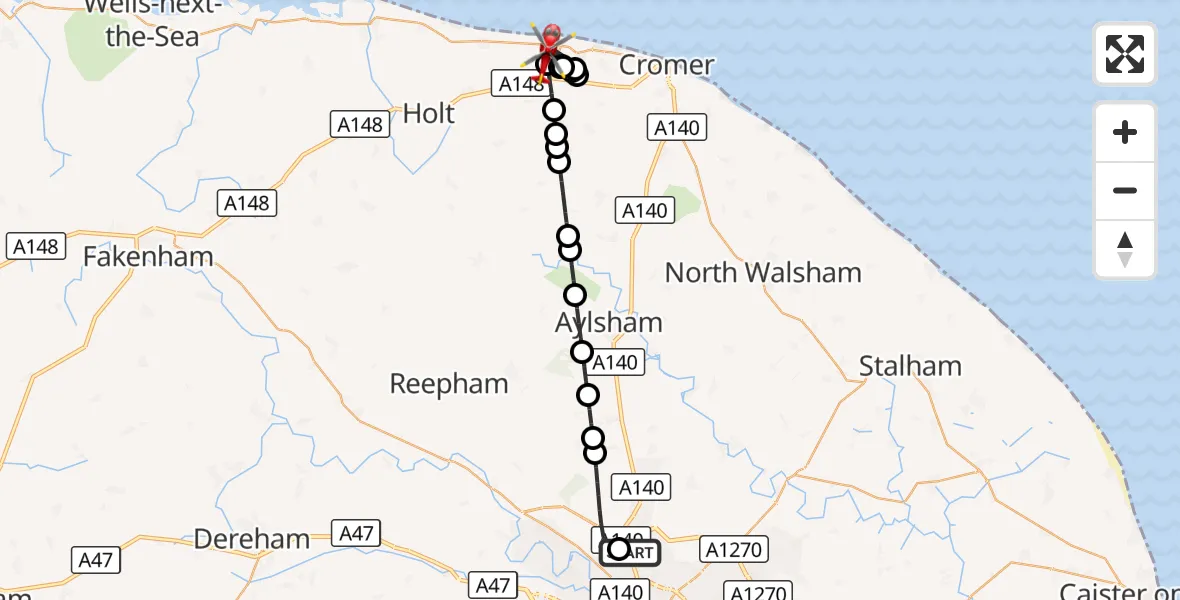 Flight route Air Ambulance Helicopter Norwich Airport - Sheringham, 14 October 2026, 00:30