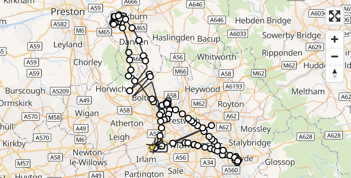 Flight route Police Helicopter Eccles - Worsley, 14 October 2026, 00:36