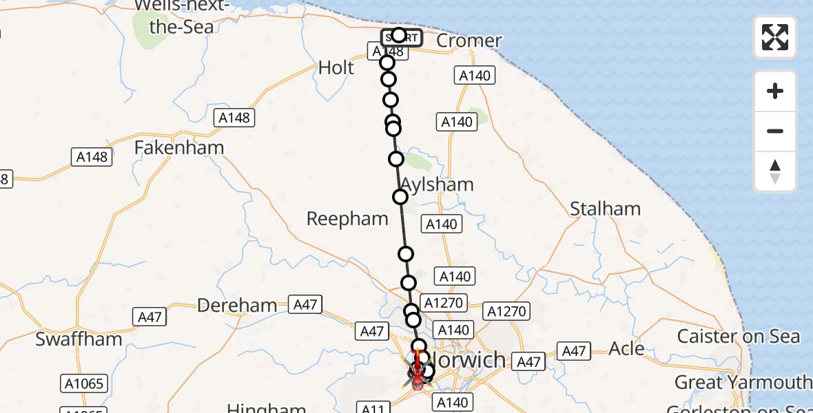 Flight route Air Ambulance Helicopter Sheringham - Norfolk & Norwich Hospital, 14 October 2026, 02:04