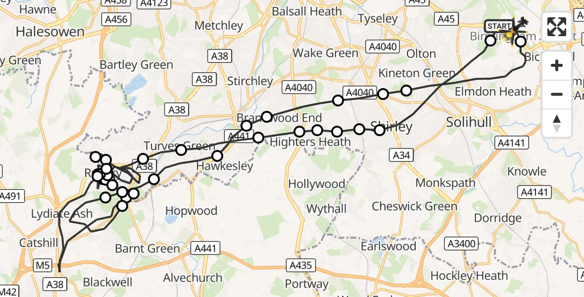 Flight route Police Helicopter Birmingham Airport - Birmingham Airport, 14 October 2026, 02:12