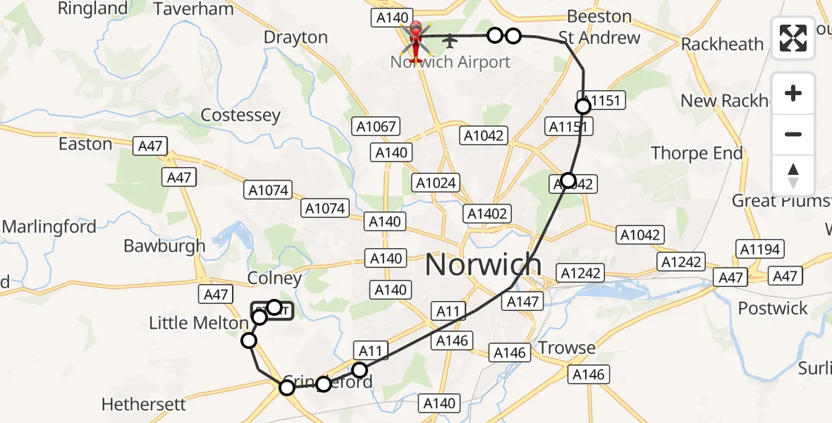 Flight route Air Ambulance Helicopter Norfolk & Norwich Hospital - Norwich Airport, 14 October 2026, 03:06
