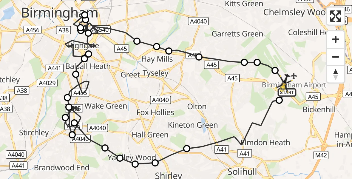 Flight route Police Helicopter Birmingham Airport - Birmingham Airport, 14 October 2026, 04:40