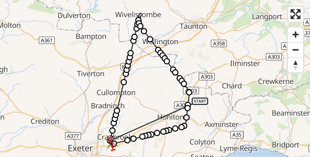 Flight route Air Ambulance Helicopter Stockland - Exeter International Airport, 14 October 2026, 07:00