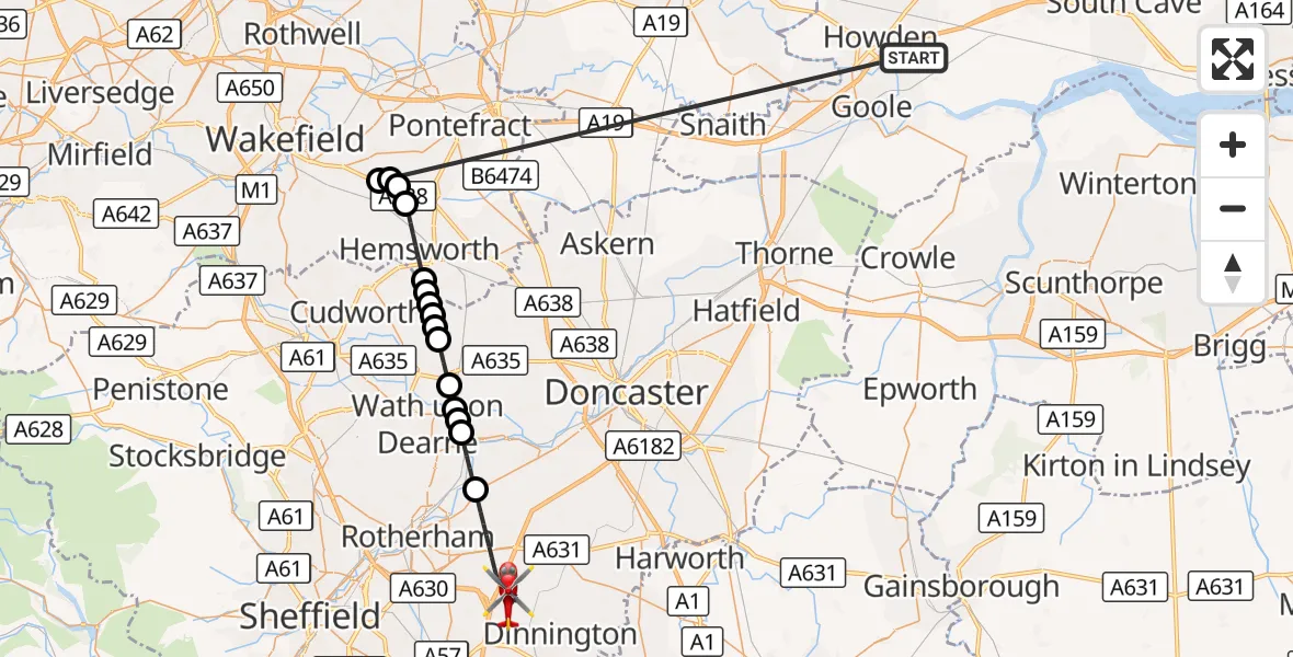 Flight route Air Ambulance Helicopter Balkholme - Rotherham, 14 October 2026, 07:21
