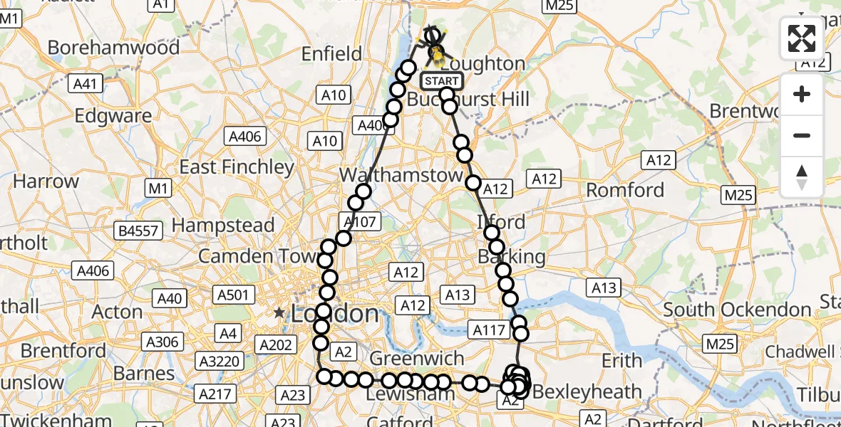 Flight route Police Helicopter Waltham Abbey - Sewardstonebury, 14 October 2026, 08:03