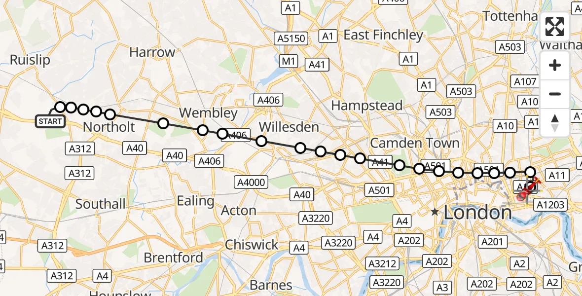 Flight route Air Ambulance Helicopter RAF Northolt - Royal London Hospital, 14 October 2026, 08:12
