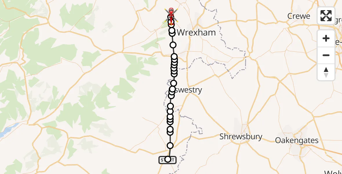 Flight route Air Ambulance Helicopter Welshpool Airport - Treuddyn, 14 October 2026, 08:17