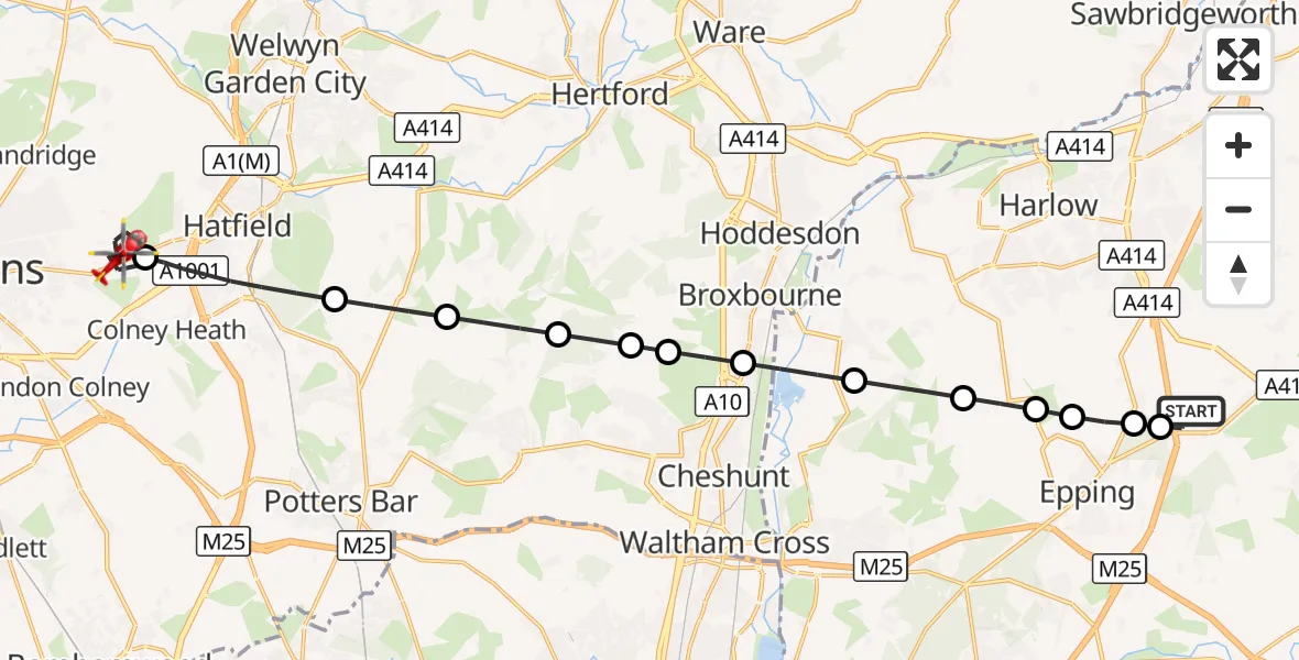 Flight route Air Ambulance Helicopter North Weald Airfield - Colney Heath, 14 October 2026, 08:18