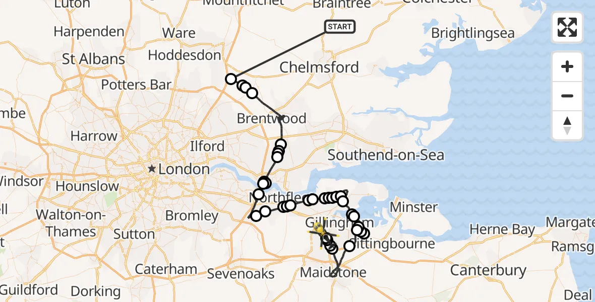 Flight route Police Helicopter Braintree - Rochester, 14 October 2026, 08:20