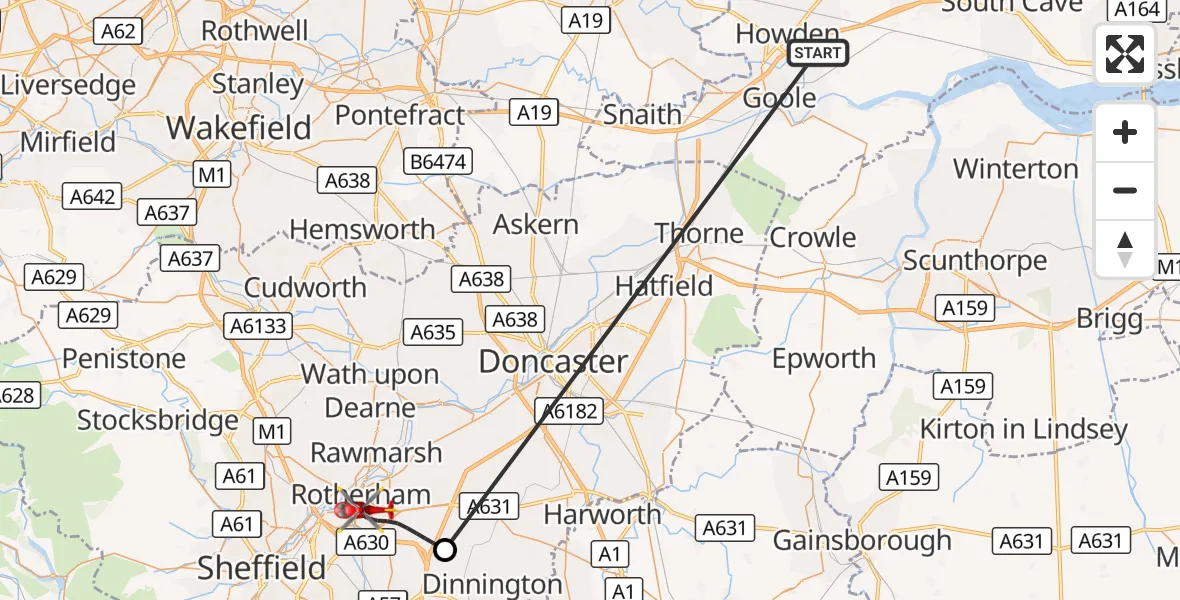 Flight route Air Ambulance Helicopter Balkholme - Rotherham, 14 October 2026, 08:40