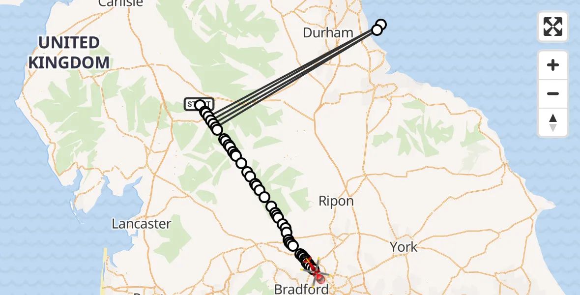 Flight route Air Ambulance Helicopter Musgrave - Leeds Bradford Airport, 14 October 2026, 08:41