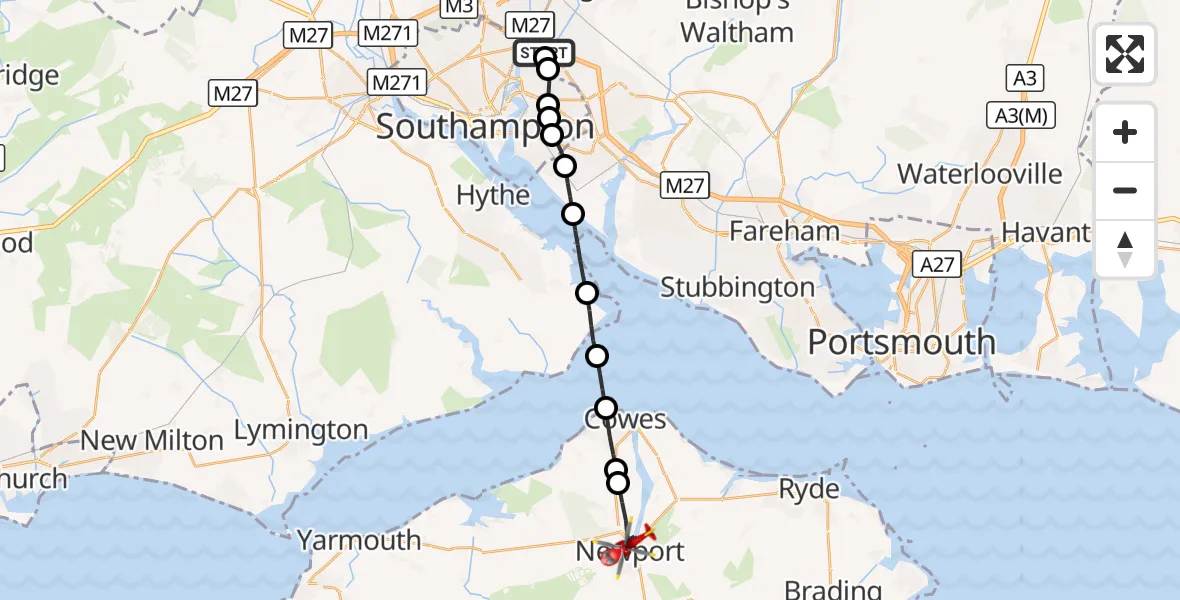 Flight route Air Ambulance Helicopter Southampton Airport - Newport, 14 October 2026, 08:51