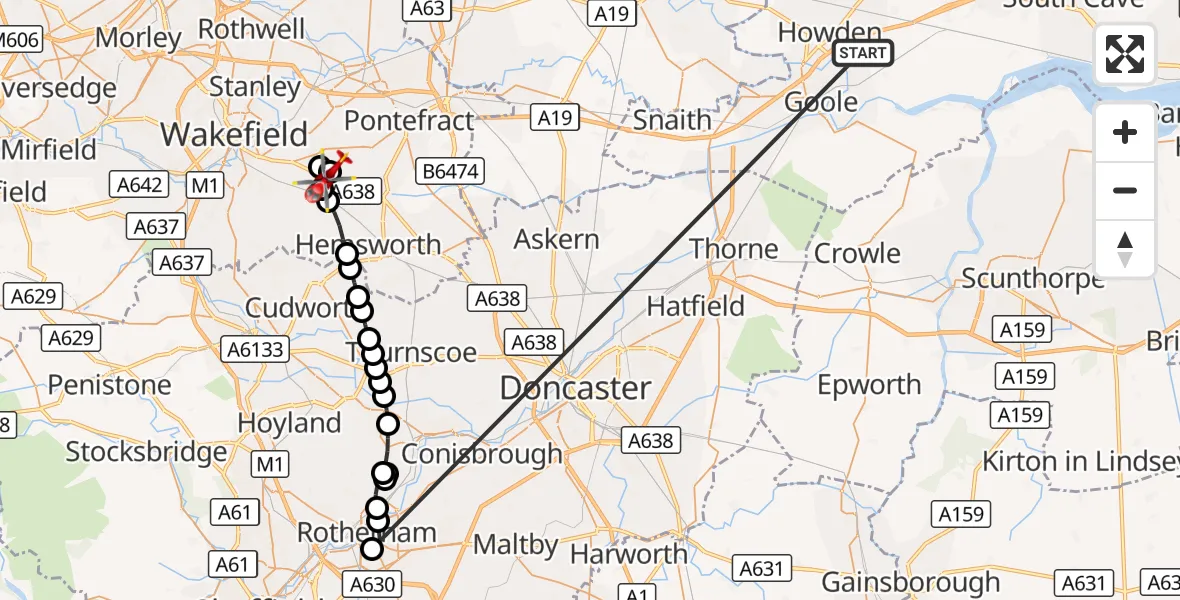 Flight route Air Ambulance Helicopter Balkholme - YAA Nostell Helicopter Port, 14 October 2026, 09:18
