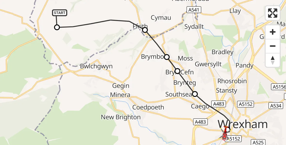 Flight route Air Ambulance Helicopter Treuddyn - Felin Puleston, 14 October 2026, 09:22