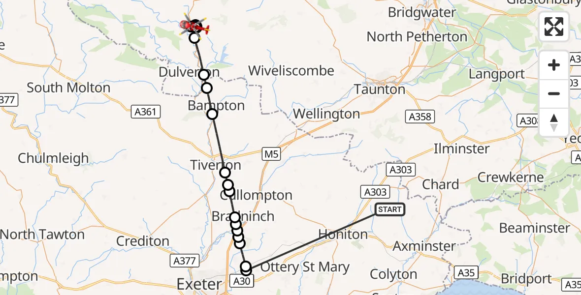 Flight route Air Ambulance Helicopter Stockland - Wheddon Cross, 14 October 2026, 09:24