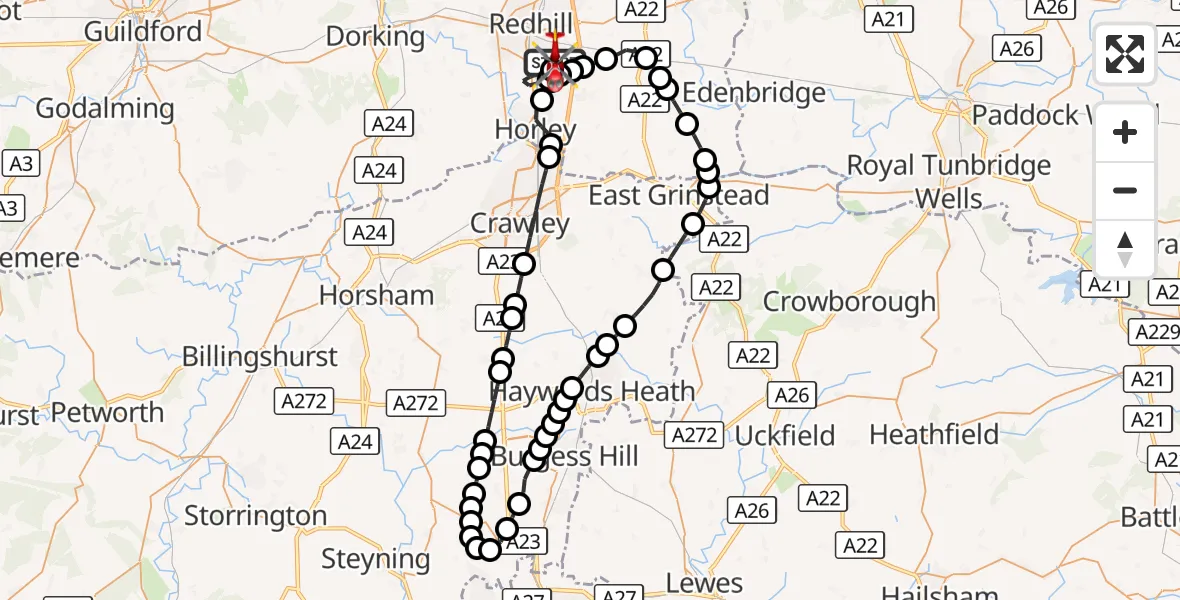 Flight route Air Ambulance Helicopter Redhill Aerodrome - Redhill Aerodrome, 14 October 2026, 09:27