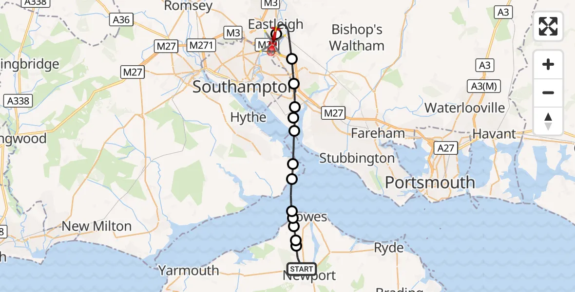 Flight route Air Ambulance Helicopter Newport - Southampton Airport, 14 October 2026, 09:35