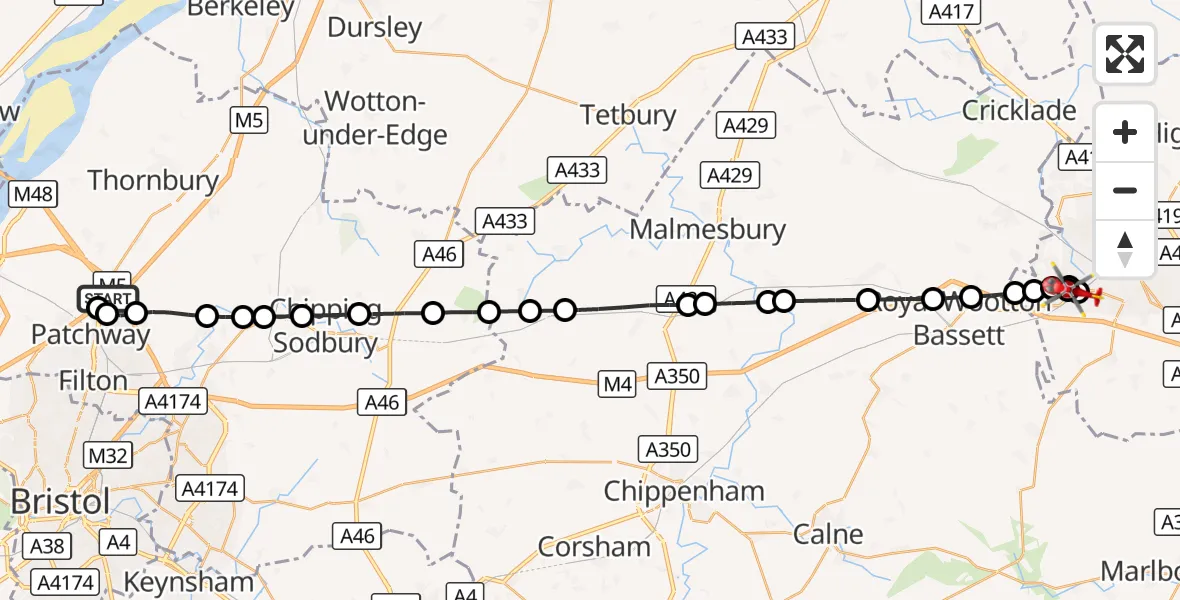 Flight route Air Ambulance Helicopter Almondsbury Helicopter Base - Swindon, 14 October 2026, 09:44