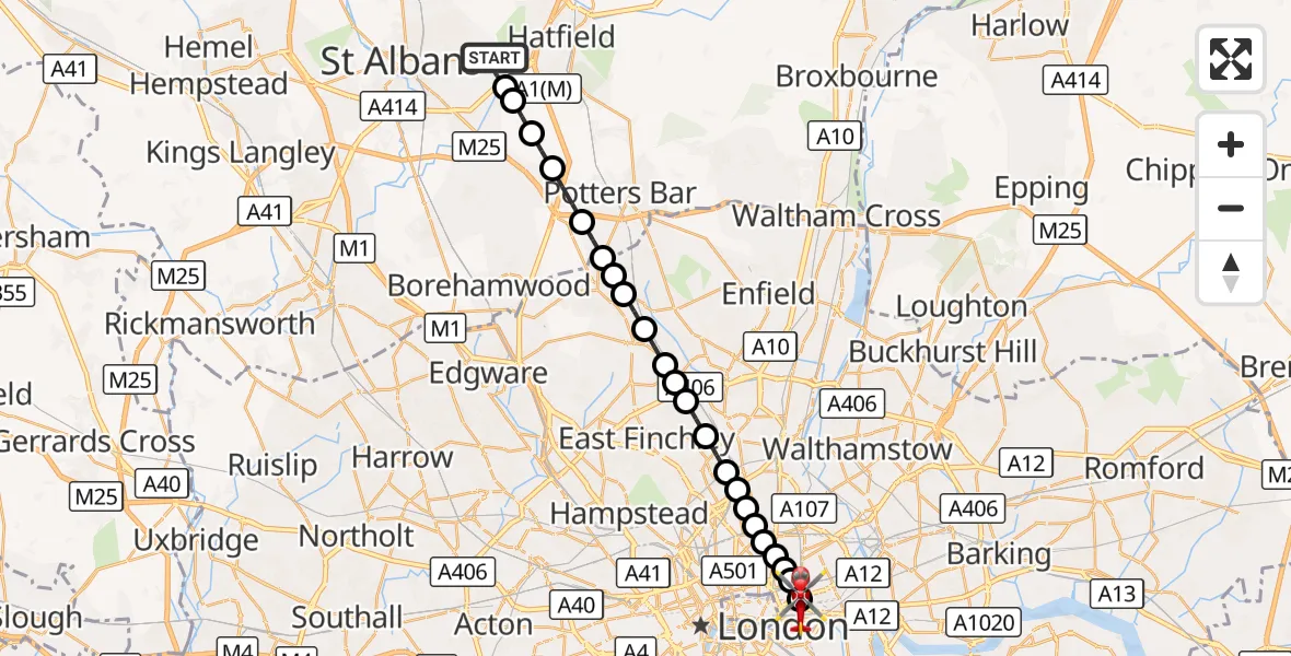 Flight route Air Ambulance Helicopter Colney Heath - Royal London Hospital, 14 October 2026, 09:48