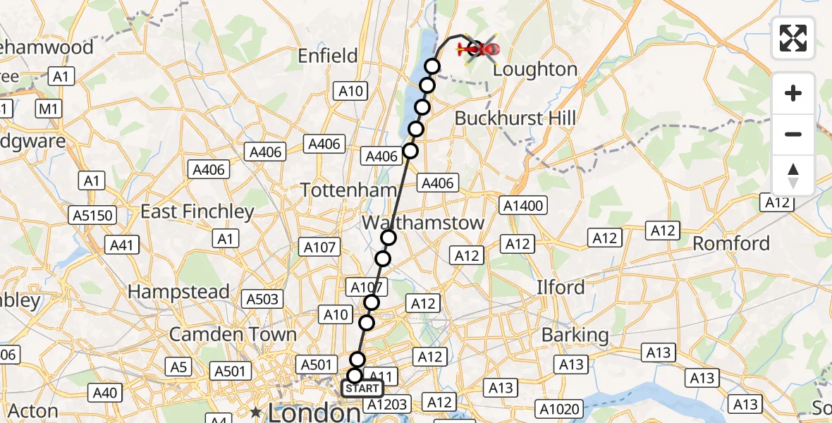 Flight route Air Ambulance Helicopter Royal London Hospital - Metropolitan Police Air Support Unit Lippitts Hill, 14 October 2026, 09:49