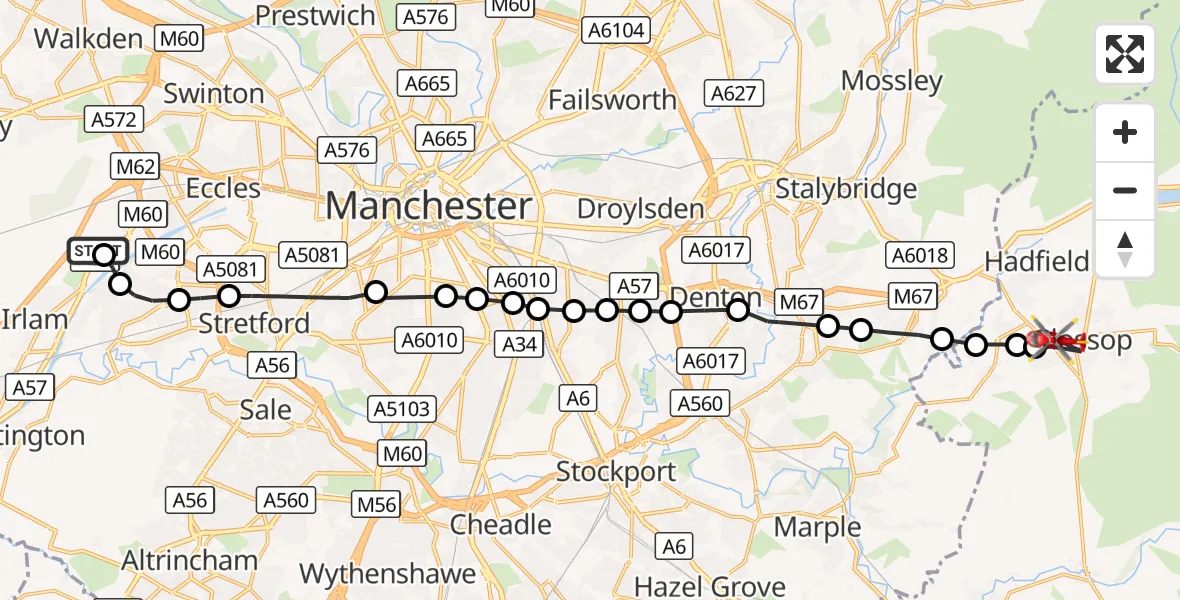Flight route Air Ambulance Helicopter Manchester Barton Aerodrome - Glossop, 14 October 2026, 09:59