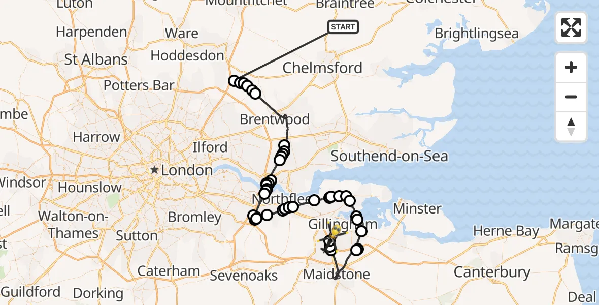 Flight route Police Helicopter Braintree - Rochester Airport, 14 October 2026, 10:10