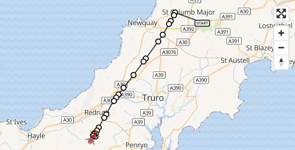 Flight route Air Ambulance Helicopter St. Columb Major - Wendron, 14 October 2026, 10:13