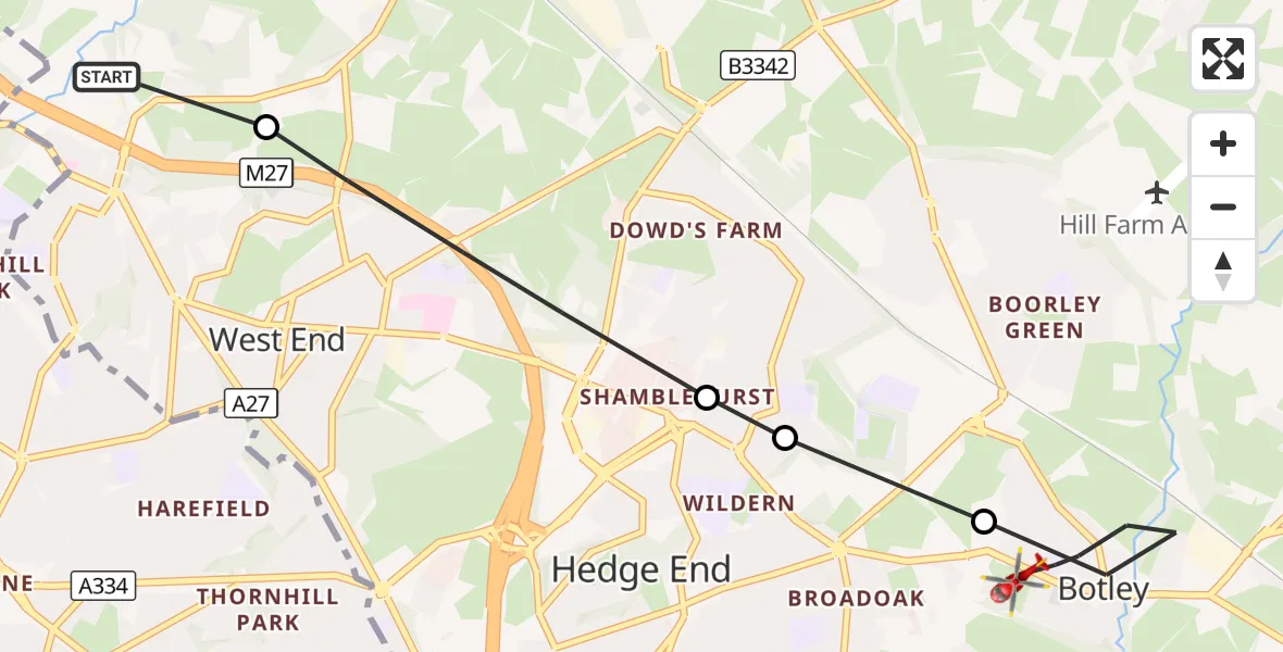 Flight route Air Ambulance Helicopter Hedge End - Eastleigh, 14 October 2026, 10:16