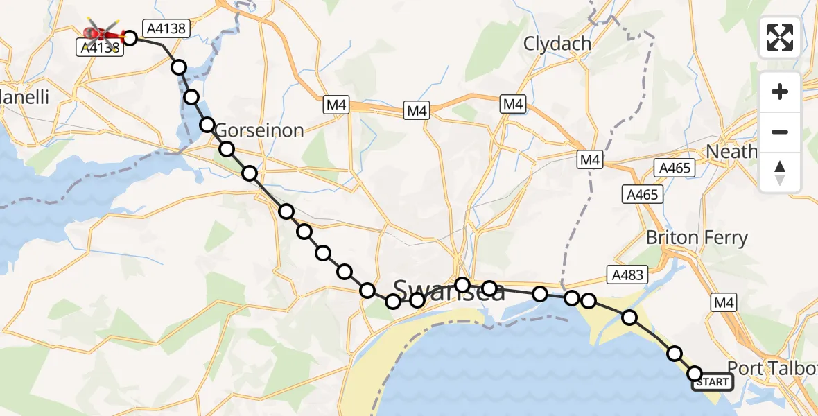 Flight route Air Ambulance Helicopter Sandfields East - Dafen, 14 October 2026, 10:23