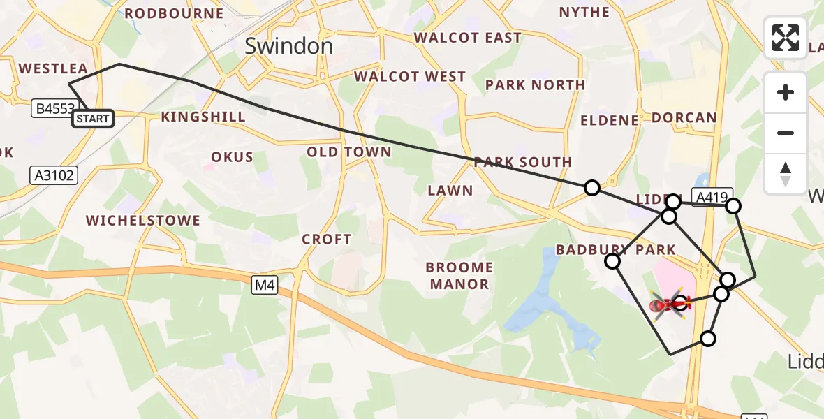 Flight route Air Ambulance Helicopter Swindon - Great Western Hospital, 14 October 2026, 10:23