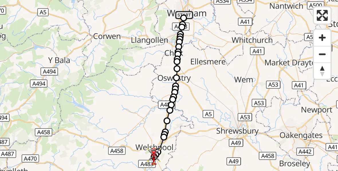 Flight route Air Ambulance Helicopter Felin Puleston - Welshpool Airport, 14 October 2026, 10:27