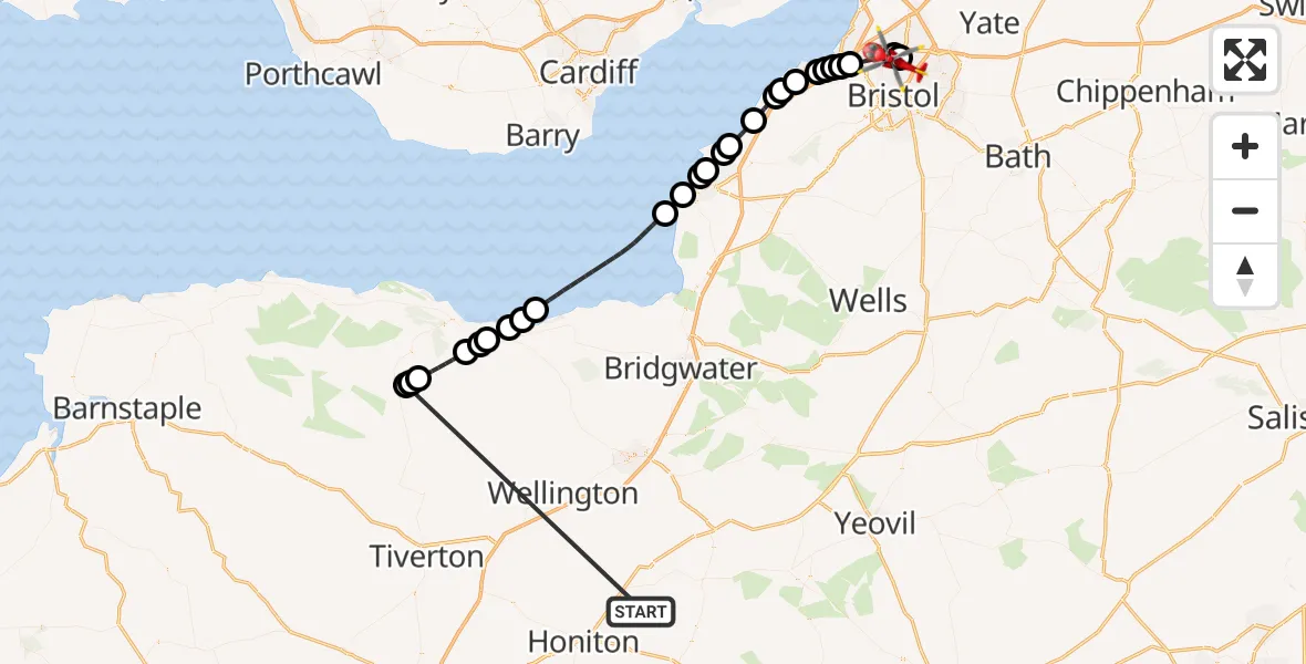 Flight route Air Ambulance Helicopter Stockland - Bristol, 14 October 2026, 10:32