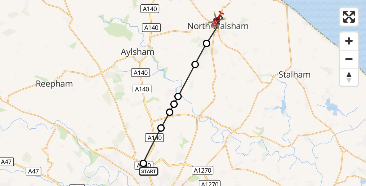 Flight route Air Ambulance Helicopter Norwich Airport - North Walsham, 14 October 2026, 10:36