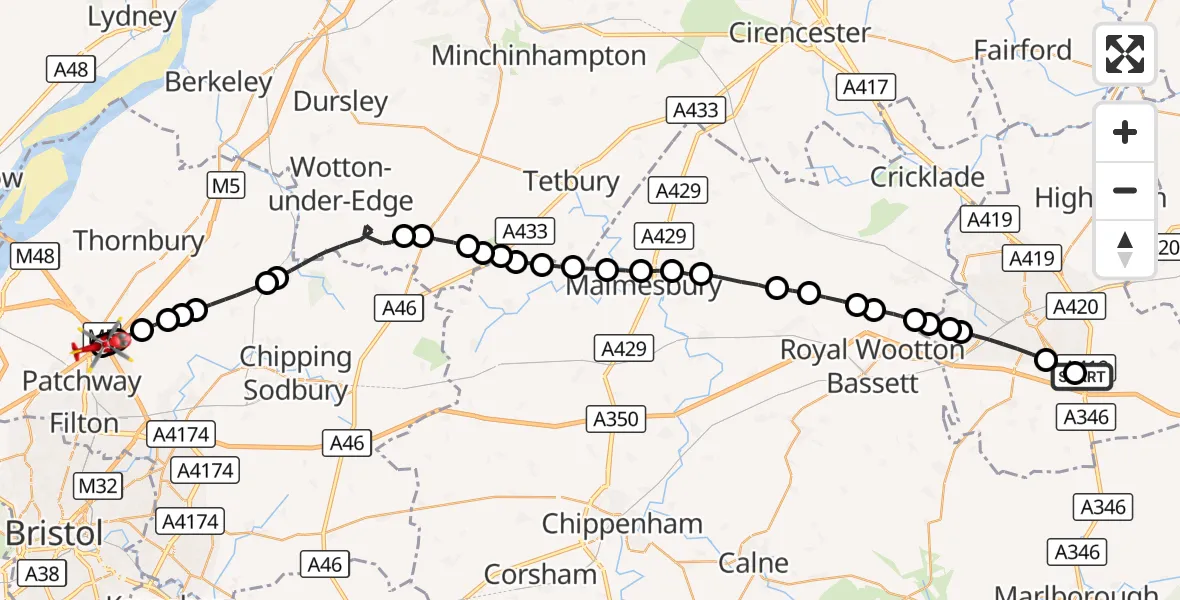 Flight route Air Ambulance Helicopter Great Western Hospital - Almondsbury Helicopter Base, 14 October 2026, 10:56