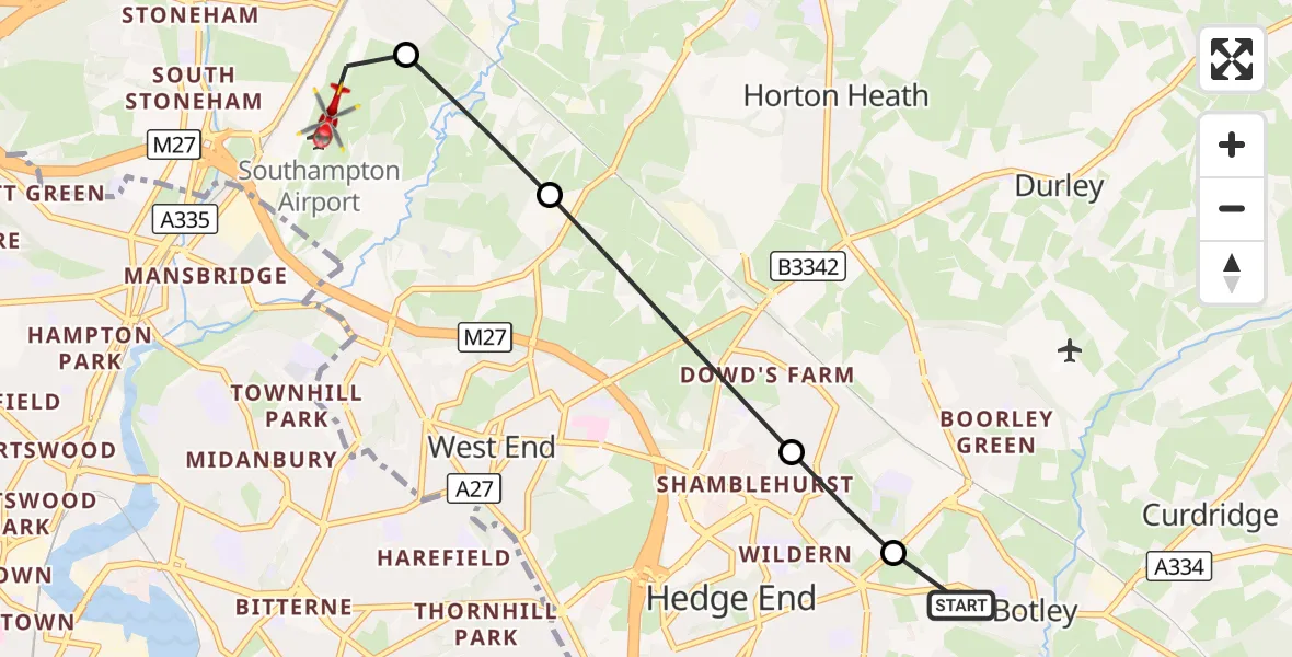 Flight route Air Ambulance Helicopter Eastleigh - Southampton Airport, 14 October 2026, 10:59