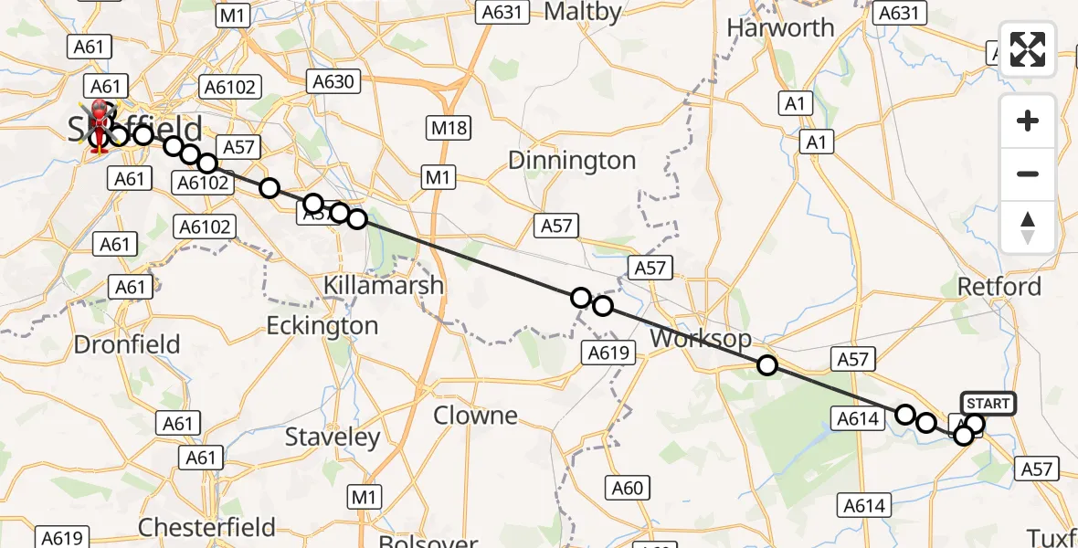 Flight route Air Ambulance Helicopter Retford Gamston Airport - Sheffield Childrens Hospital, 14 October 2026, 11:02
